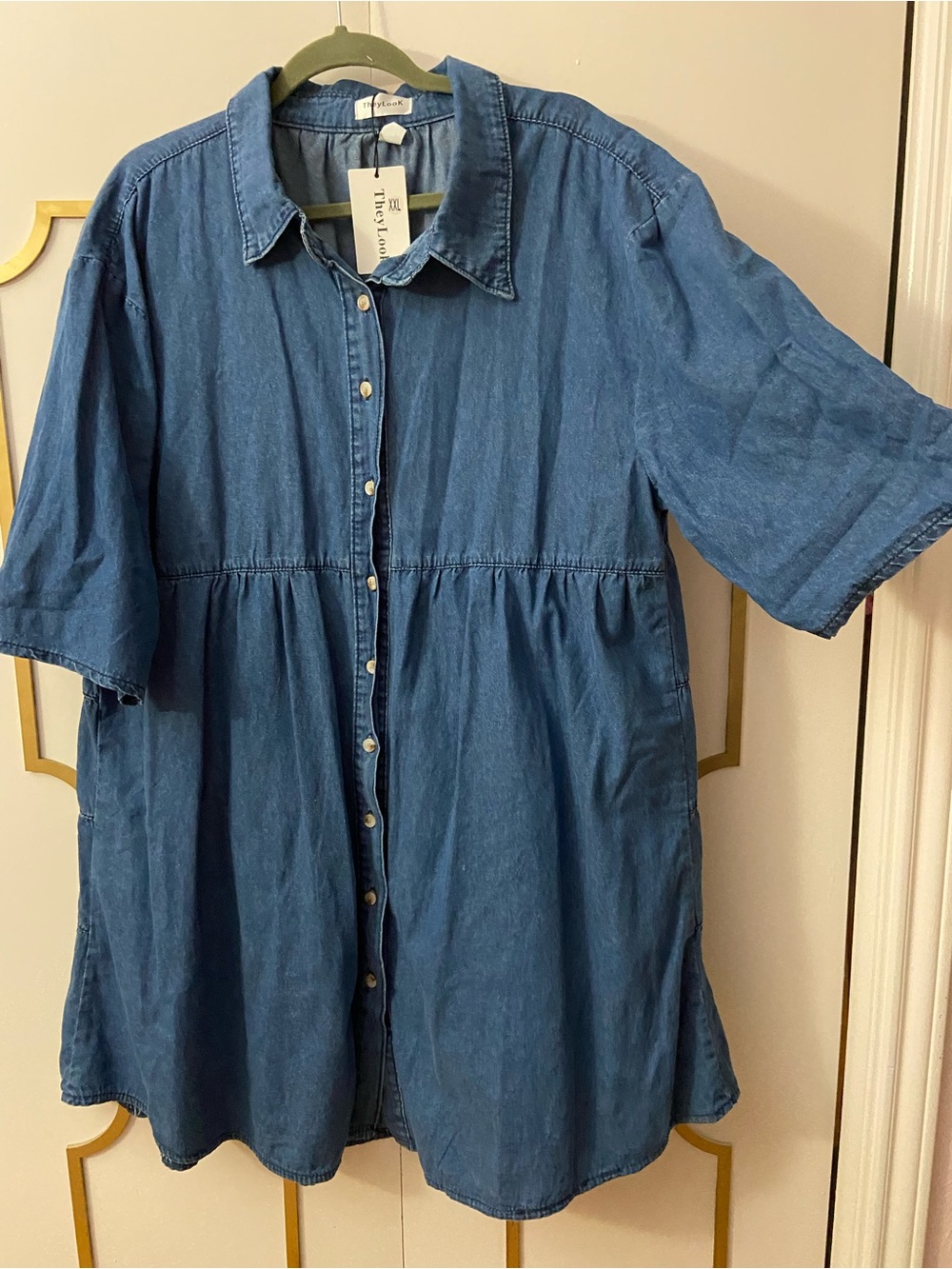 They Look Mid-Blue Denim Button-Front Shirt Dress